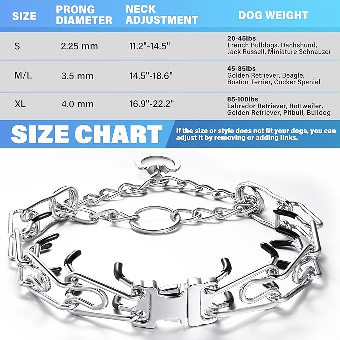 Dog Training Collar, Adjustable Stainless Steel Collar with Quick Release Buckle for Small Medium Large Dogs (XL/Neck Girth 16.9"-22.2")