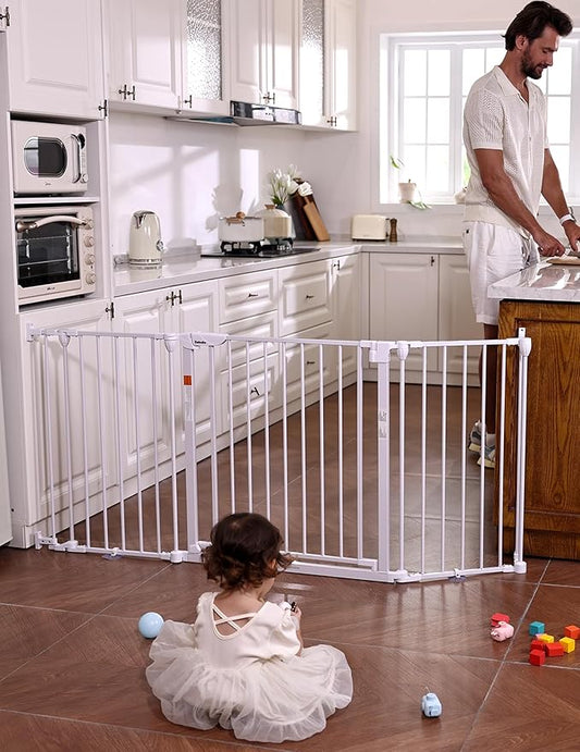 Babelio 72" Extra Wide Baby Gate, 30" Tall Auto Close Dog Fence for Stairs Kitchen Doorways Fireplace, Hardware Mounted Pet Gate Indoor, Foldable 3 Metal Panels, White