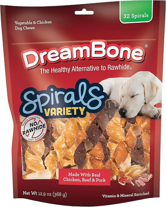 DreamBone Spirals Variety Pack, No-Rawhide Chews for Dogs, 32 Spiral Chews