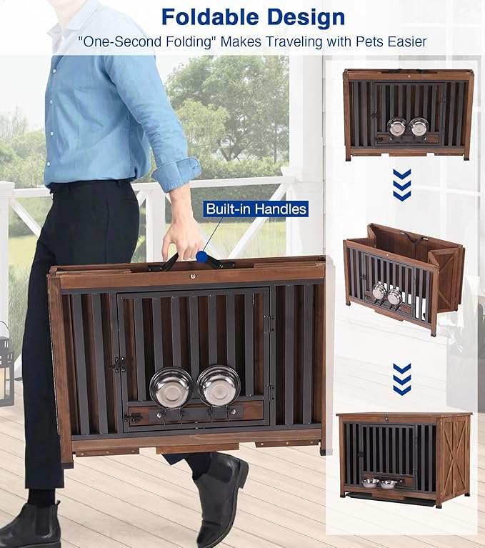 Dog Crate Furniture, Foldable Wooden Dog Kennel Furniture with 360° Rotating Feeding Bowls, Iron Frame Dog Crate with Deepened Sliding Tray - Dark Brown
