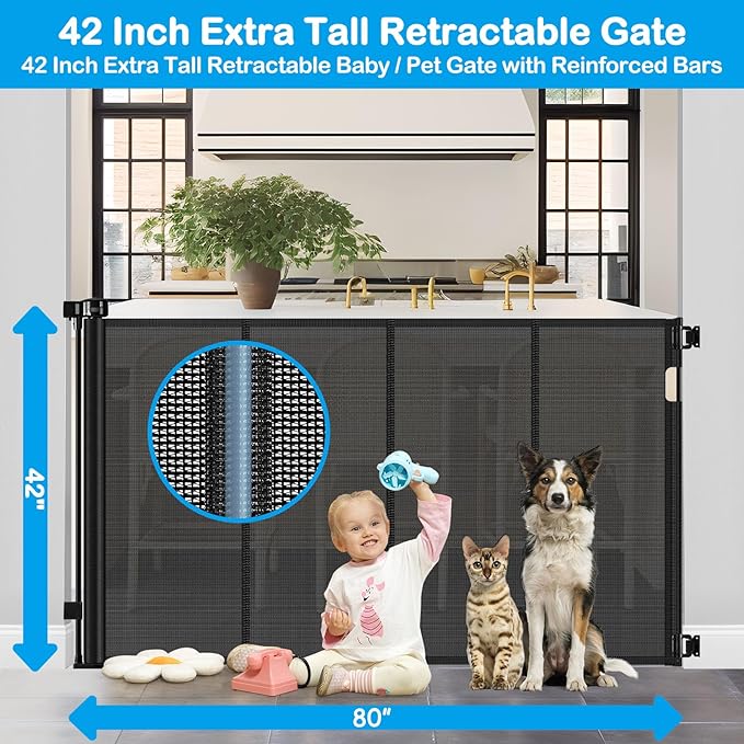 Reinforced 42" Tall X 80" Wide Retractable Dog Gate for Hallway Extra Tall Baby Gates for Dogs Indoor High Reinforced Bar Retractable Baby Gates for Doorways Extra Wide Pet Gate Outdoor, Black