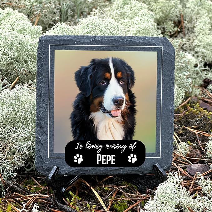 Personalized Individual Square Memorial Plaque + Stand for Pet Cat Dog Slate Stone Frame Paw Grave Marker - Size 3.94" x 3.94" or 100 x 100 mm - Image Frame