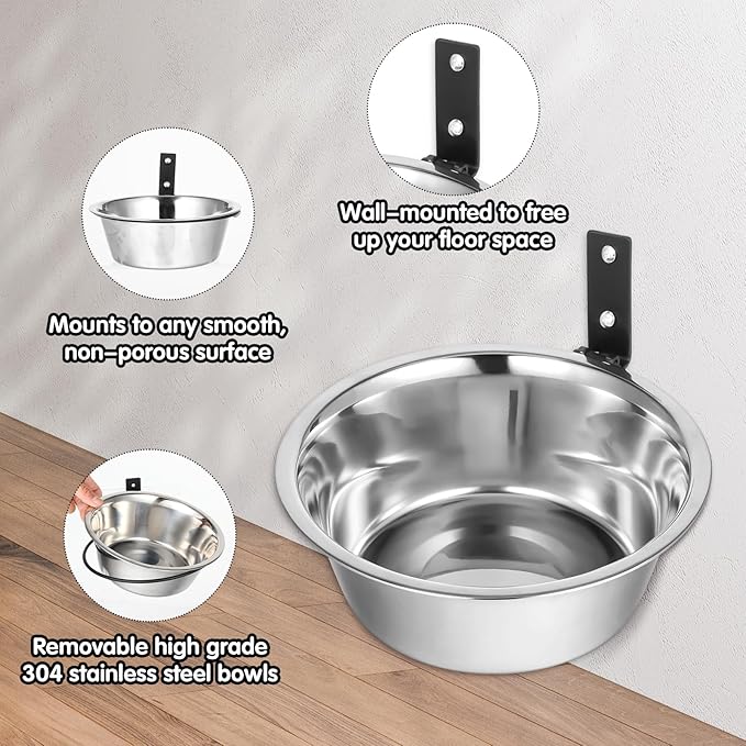 2 Pcs Wall Mounted Dog Bowl, Wall Mounted Pet Feeding Bowls, Elevated Pets Bowls, Adjustable Heights Hanging Stainless Steel Dog Food and Water Bowl with Collapsible Stand Holder
