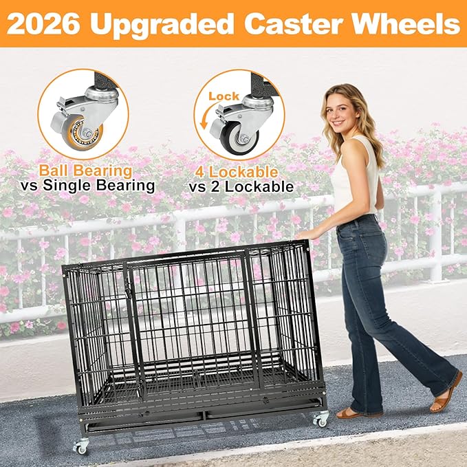 Homey Pet Heavy Duty Dog Crates for Large Dogs, 47 Inch Stackable Large Dog Crate Cage with 4 Wheels, 2 Removable Trays and Grids, 2 Bowls, Multi Locks Strong & Solid Escape Proof Dogs Kennel Indoor