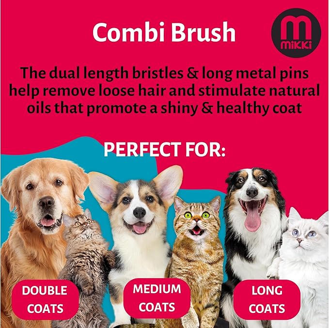 Mikki Dog, Cat Combi Brush Removes Knots, Tangles -2 sided -Nylon and Ball Pin for Medium to Large Pet