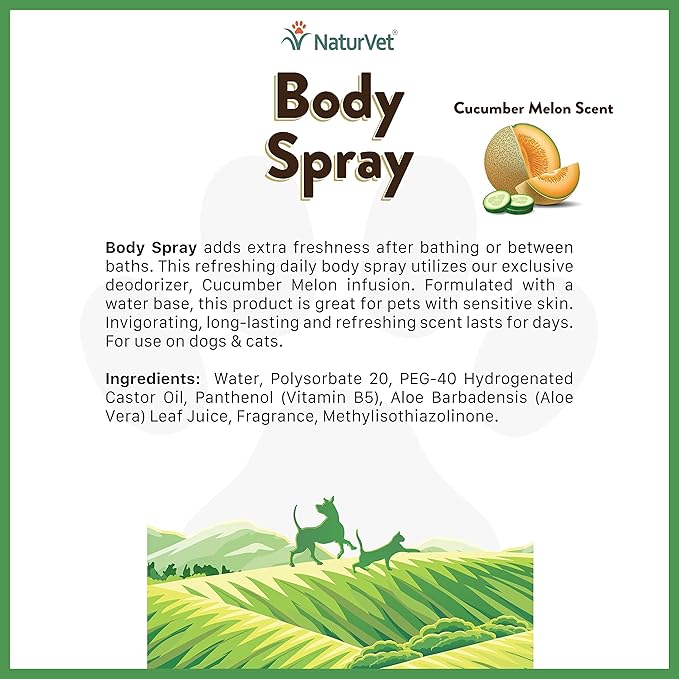 NaturVet Body Spray with Cucumber Melon Scent for Dogs & Cats 8 oz
