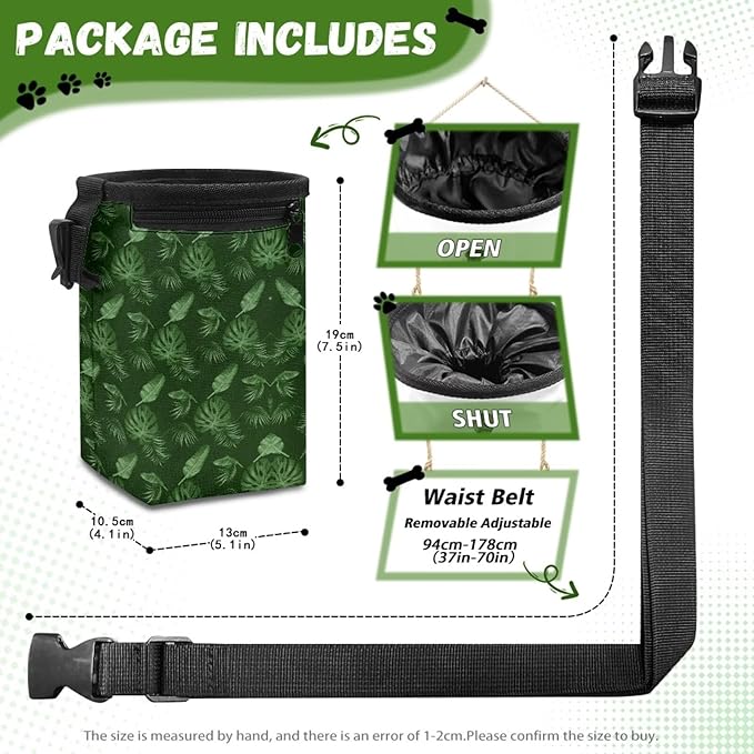 Green Leaves Pet Treat Pouch Multiwear Puppy Training Pouch Treat Pouches for Pet Training, Dog Trainer Essentials Supplies Reward Pouch with Waist Belt Shoulder Strap