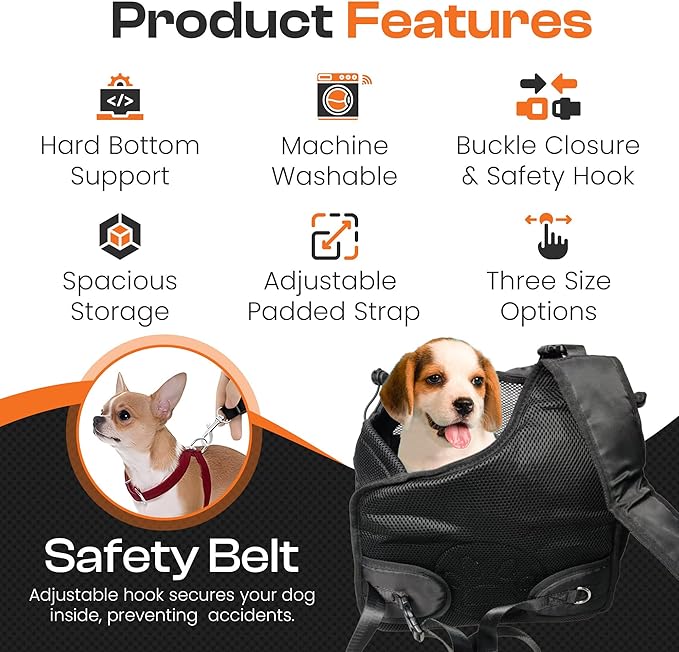 Small Dog Sling Carrier Bag, Hands-Free Dog Carrier Sling with Safety Buckle, Breathable Mesh, Adjustable Strap, Padded Back, Storage Pockets, Pet Carrier for Dogs, Cats, Puppies up to 8–10 lbs