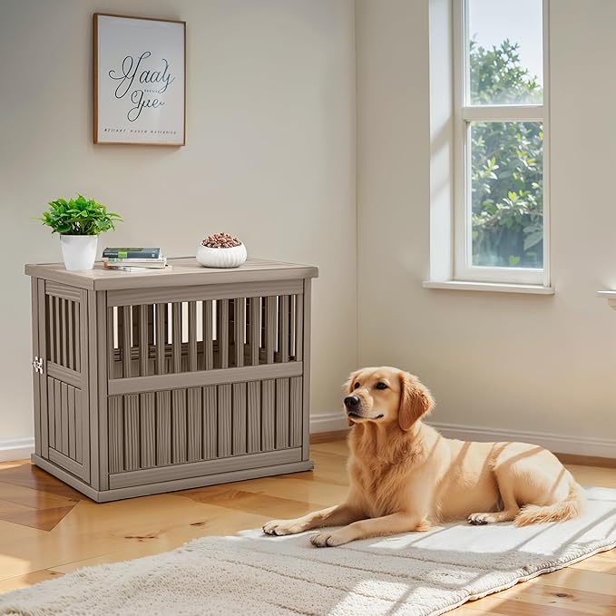 Durable Dog Crate Furniture with Lockable Door,Dog House Indoor for Small Medium Large Dogs (Light Brown, Large)