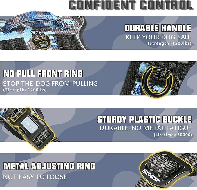 Auroth Tactical Dog Training Harness No Pulling Front Clip Leash Adhesion Reflective K9 Pet Working Vest Easy Control for Small Medium Large Dogs Blue Camo S