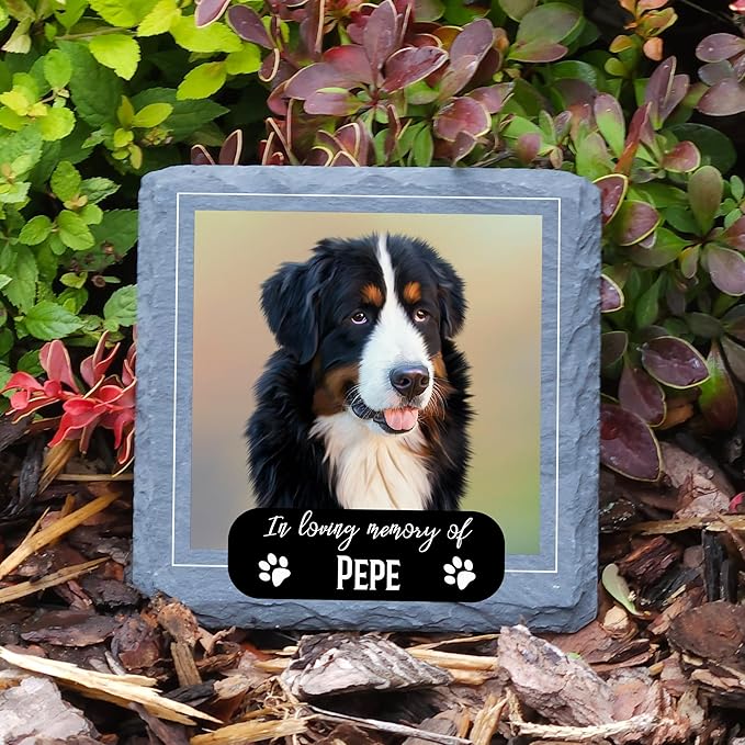 Personalized Individual Square Memorial Plaque + Stand for Pet Cat Dog Slate Stone Frame Paw Grave Marker - Size 3.94" x 3.94" or 100 x 100 mm - Image Frame