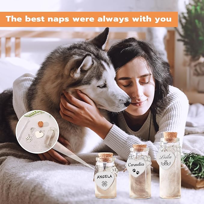 Custom Pet Memorial Gift Pet Fur Dog Cat Memorial Jar Heartfelt Keepsake Jar, Paw & Wings Pendant Included