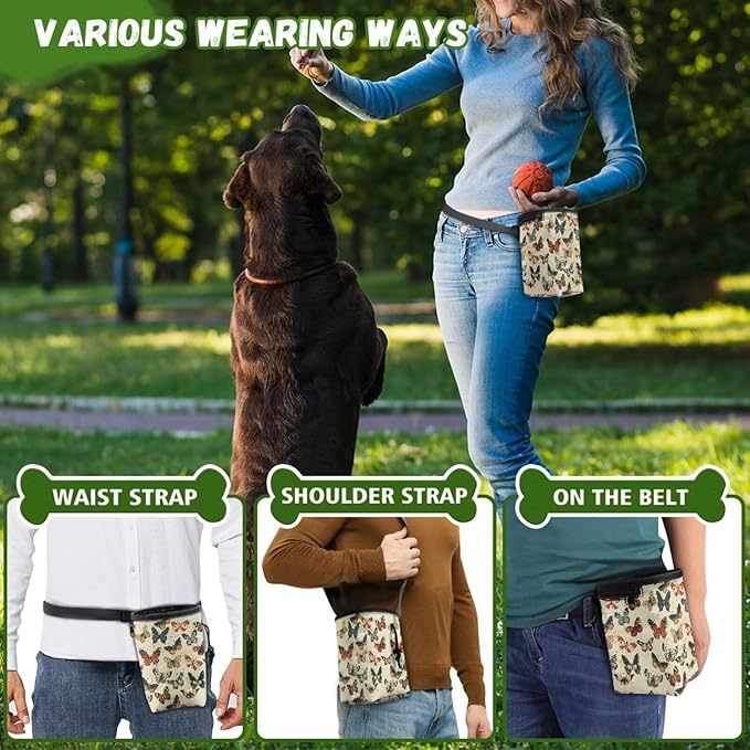 Vintage Butterfly Dog Treat Bag Puppy Training Pouch Animal Walking Snack Container Dog Food Dispenser Pet Feed Snack Reward Pocket for Pet Puppy Travel or Outdoor Use