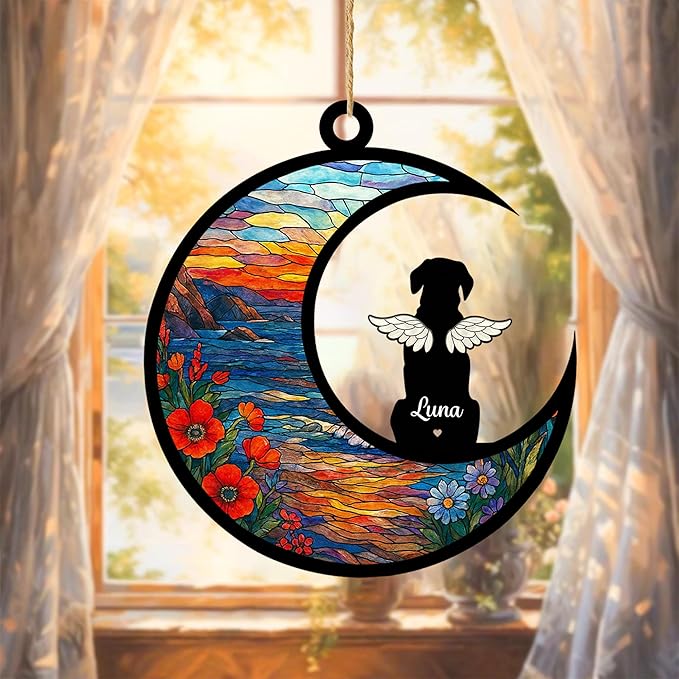Personalized Dog Memorial Ornament with Name & Breed, Custom Pet Loss Sympathy Gift, in Loving Memory Rainbow Sun Catcher, Unique Window Decoration for Dog Lovers