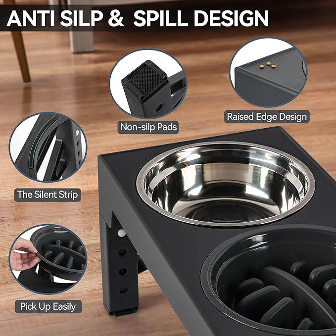 PAWISE Elevated Dog Bowls, 5 Height Adjustable Raised Dog Bowl Stand with 1 Slow Feeder Bowl & 2 Stainless Steel Bowls, Non-Slip Dog Feeding Station for Large, Medium, Small Dogs and Cats, Black