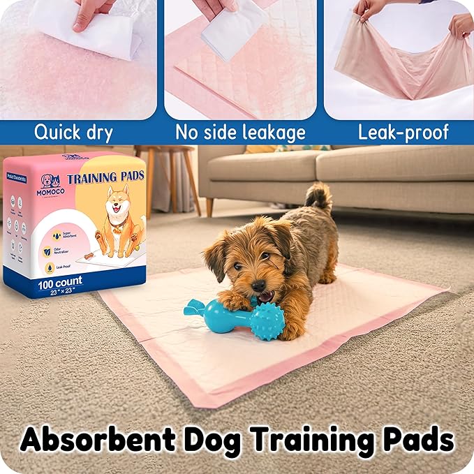 MoMoCo Pink Puppy Pads 23" x 23", 6-Layer Super Absorbent Dog Pee Pads, Leak-Proof Training Pads for Hardwood Floors & Apartments, Flash-Dry Disposable Potty Pads for Puppies & Senior Dogs, 100 Count