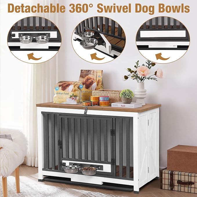 Folding Dog Crate Furniture, Wooden Dog Crate End Table with 360°Rotatable Removable Dog Bowls &Tray, Modern Kennel for Dogs Indoor for Small, Medium Dogs- Portable
