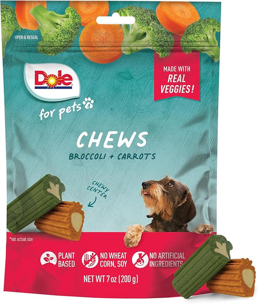 Dole for Pets Dog Chews, Assorted Broccoli + Carrot Vegetable-Flavored Treats, No Artificial Colors Flavors or Preservatives, No Wheat Corn Soy, Plant Based Dog Treats, 7.05 Oz Bag