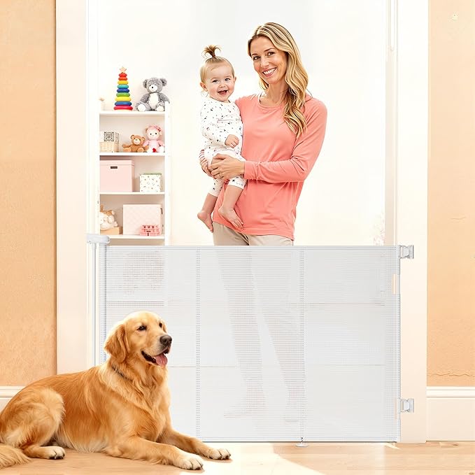 Retractable Baby Gate for Stairs, 42" Tall X 59" Wide Mesh Dog Gate Indoor, Child Gate for Doorways, Hallways, Deck, Indoor Outdoor Pet Baby Safety Essentials for Home, White