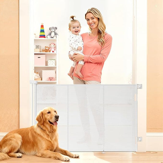 Retractable Baby Gate for Stairs, 42" Tall X 59" Wide Mesh Dog Gate Indoor, Child Gate for Doorways, Hallways, Deck, Indoor Outdoor Pet Baby Safety Essentials for Home, White