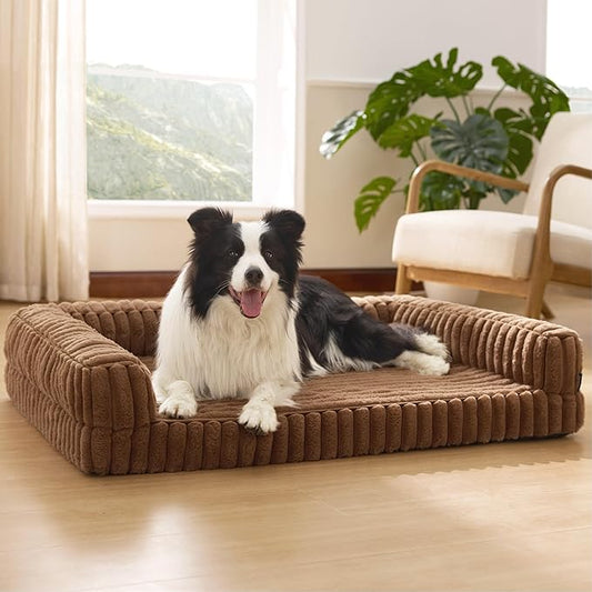 Bedsure ComfyFleece™ Orthopedic Dog Beds Large Sized Dog, Waterproof Memory Foam Pet Bed with Sides, Non-Slip Bottom and Egg-Crate Foam Large Pet Couch Sofa with Washable Corduroy Cover, Brown