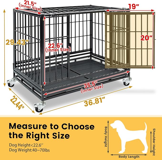 Stackable 36 Inch Dog Crate with Lockable Wheels, Top Access, Heavy Duty Indestructible Escape Proof Dog Crate Cage Kennel Indoor with Removable Tray & Metal Grids for High Anxiety Medium/Small Dogs