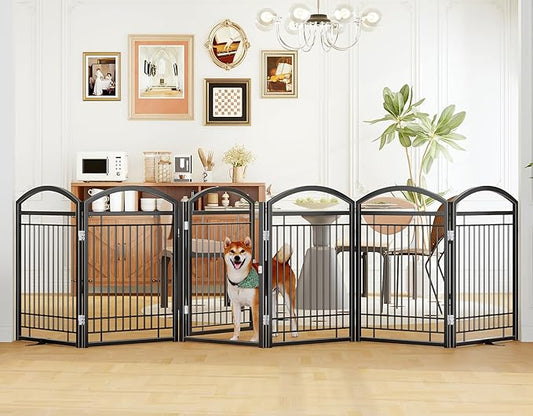 Folding No-Assembly Metal Freestanding Dog Gate with Door Walk Through,32" Height Pet Fence,144" Extra Wide Accordion Puppy Folding Playpen for Doorways,House,Stairs (6 Panels,Black)