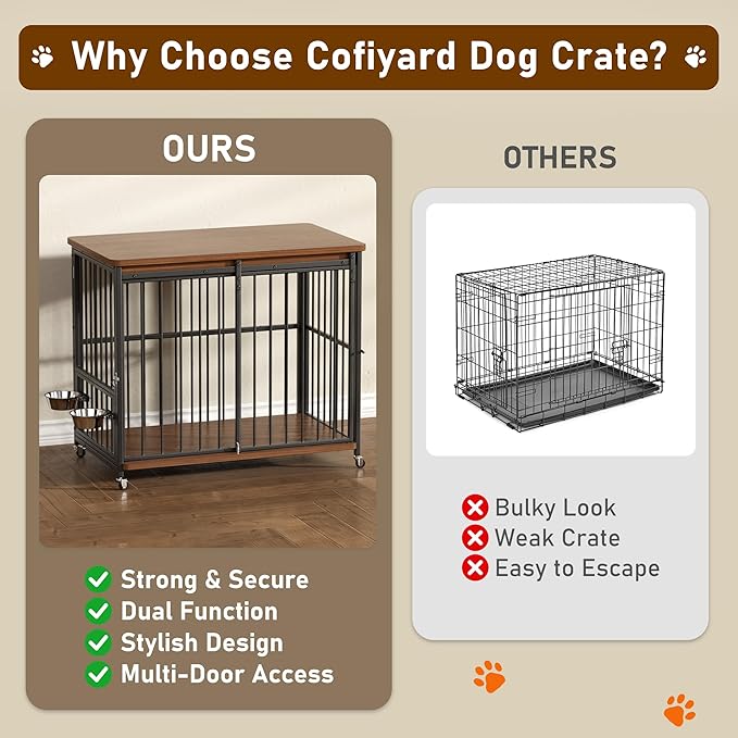 Dog Crate Furniture, 42’’ Wooden Dog Kennel Indoor with Sliding Front Door, Multi-Side Openings & Feeding Window Pet Cage House as TV Stand