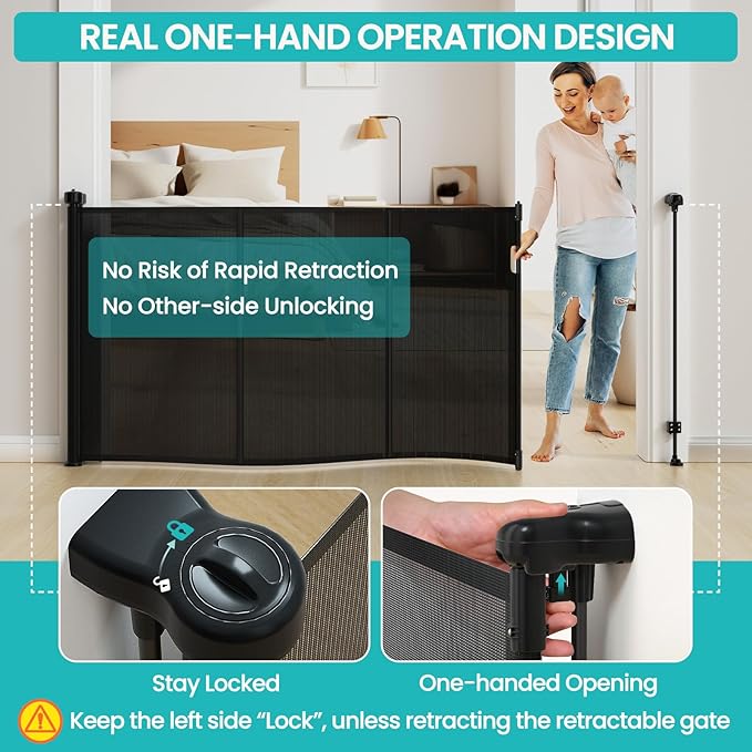 Upgrade Retractable Baby Gates Extra Wide (71" W x 42" H), 71 inch Reinforced Retractable Dog Gate to Prevent Crawling Through, Retractable Gate Outdoor/Indoor, Real One-Handed Operation, Black