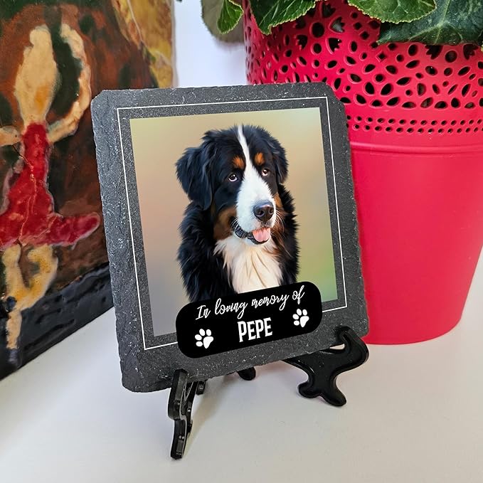 Personalized Individual Square Memorial Plaque + Stand for Pet Cat Dog Slate Stone Frame Paw Grave Marker - Size 3.94" x 3.94" or 100 x 100 mm - Image Frame