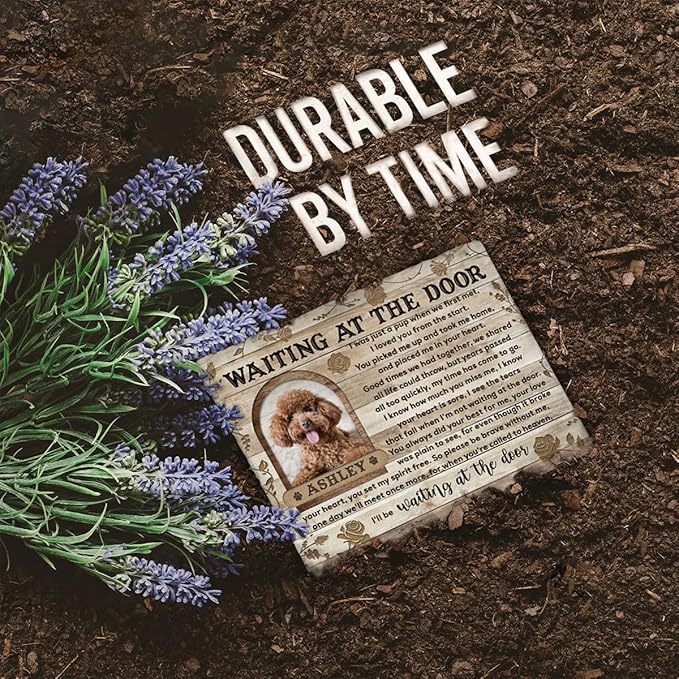 Wait at The Door Memorial Stones - Personalized Condolence Gifts with Name and Picture of Dog, Cat Passing Away - Rectangle Colored-Background Variable Rocks for Pet Mom Loss Gift