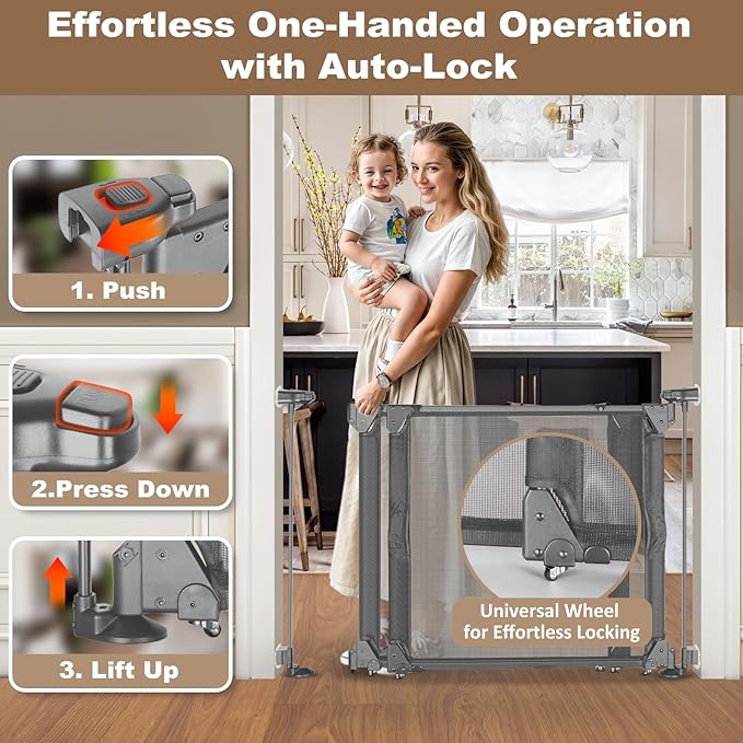 GRENFU 28" Tall No Drill Dog Gate for Stairs, Dual-Opening Sliding Pet Gate, Fits 32-55" Wide Expandable Dog Gates Indoor No Bottom Bar Baby Gate No Drill & Adjustable Width & Angle Mesh Gate, Gray