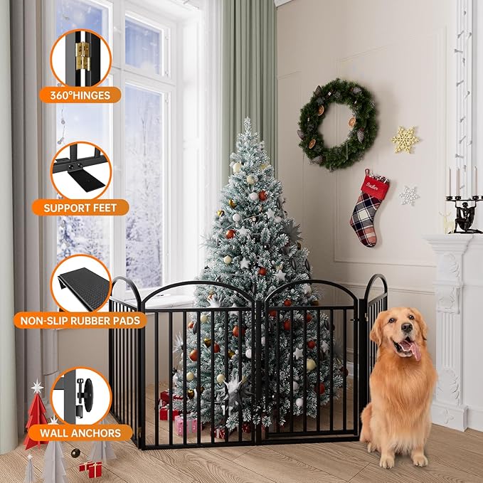 4 Panels Full Matel Freestanding Dog Gates with Door, 96"Extra Wide 32"Tall Free Standing Dog Pet Gate for Indoor & Outdoor. Foldable Pet Fences for Doorways, House, Stairs, Porch, Deck, Yard