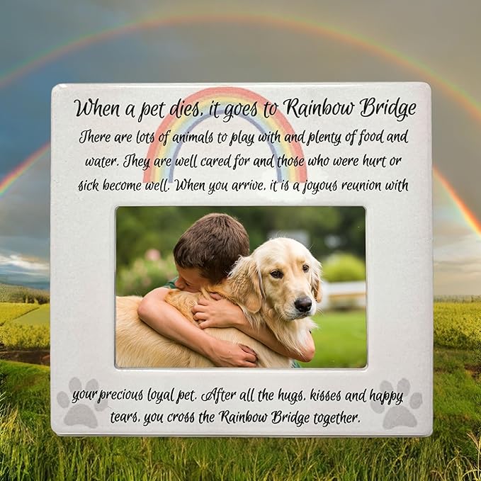 BANBERRY DESIGNS Pet Memorial 4x6 Picture Frame - Rainbow Bridge Message - Bereavement Photo Plaque for Dog or Cat - in Memory of a Pet - Pet Sympathy Gift
