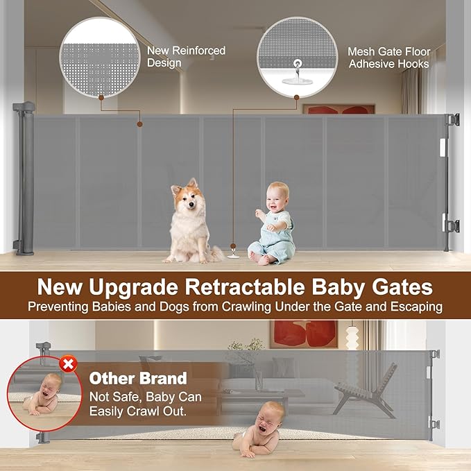 150 inch Retractable Baby Gates 34 inch Tall, Retractable Gate with Reinforced Strip Design to Prevent Crawling Through, 12 FT Extra Wide Retractable Dog Gate for Indoor/Outdoor