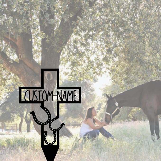 Personalized Grave Marker for Pet, Horse Cross Stake, Horse Loss Outdoor Plaque, Horseshoes Sympathy Gifts, Pet Loss Yard Remembrance Stake, Loss of Horse Plaques