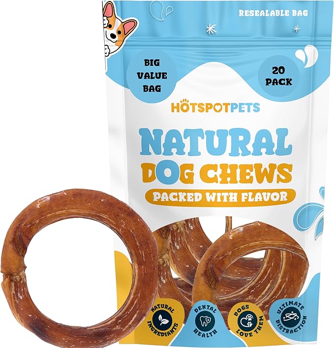 hotspot pets Bully Stick Rings for Dogs - (20 Pack) 4" Premium All Natural Long Lasting Twisted Beef Pizzle Dog Chew Treats, Low Odor - Grain Free Fully Digestible Rawhide Alternative - Thick Circles