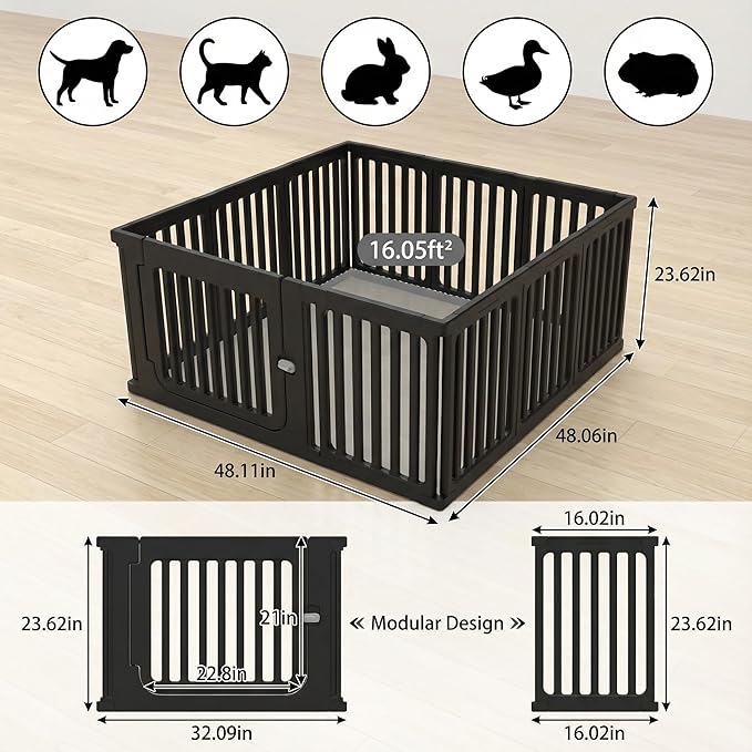 11 Panels Plastic Dog Playpen, Expandable & Durable Pet Fence - Indoor & Outdoor Portable with Secure Locking Door, Durable Safety Play Pen with Puppy, Cat, Small Animal(Black, 23.62" H)