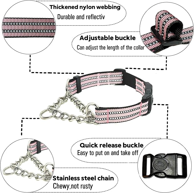 Martingale Dog Collars, Reflective Nylon Collar with Stainless Steel Chain, Adjustable Walking Training Dog Collars with Quick Release Buckle, Suitable for Small Medium Large Dogs(Pink,XL)