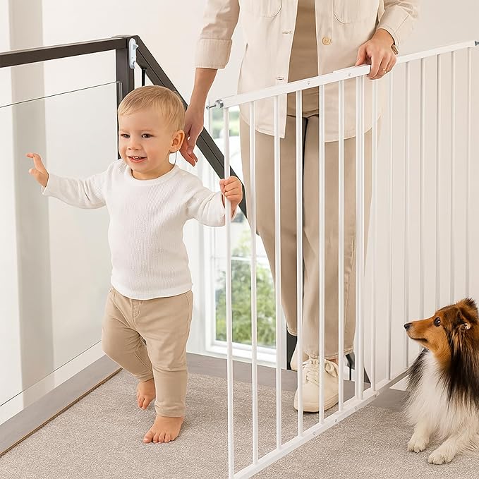 KidCo 24.75-42.5" Safeway Walk Through Baby Gate for Stairs and Doorways | No-Trip Top of Stairs Baby Gate No Bottom Bar | Quick-Release Mounted Hardware for Security and Easy Removal (White)
