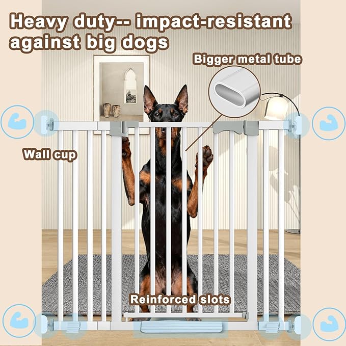 41'' Extra Tall Baby Gate for Large Dogs Pets Indoor No Jumping Over, 30-32.6'' Wide Heavy Duty Puppy Gate for Doorways, Pressure Mounted Metal Gate for Child Toddler No Tools Needed(White)