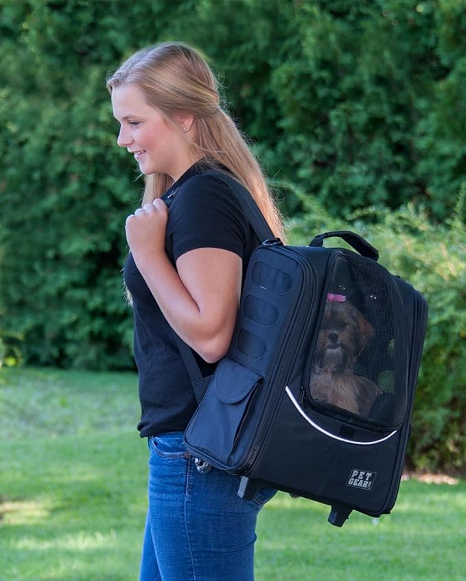 Pet Gear I-GO2 Roller Backpack, Travel Carrier, Car Seat for Cats/Dogs, Mesh Ventilation, Included Tether, Telescoping Handle, Storage Pouch