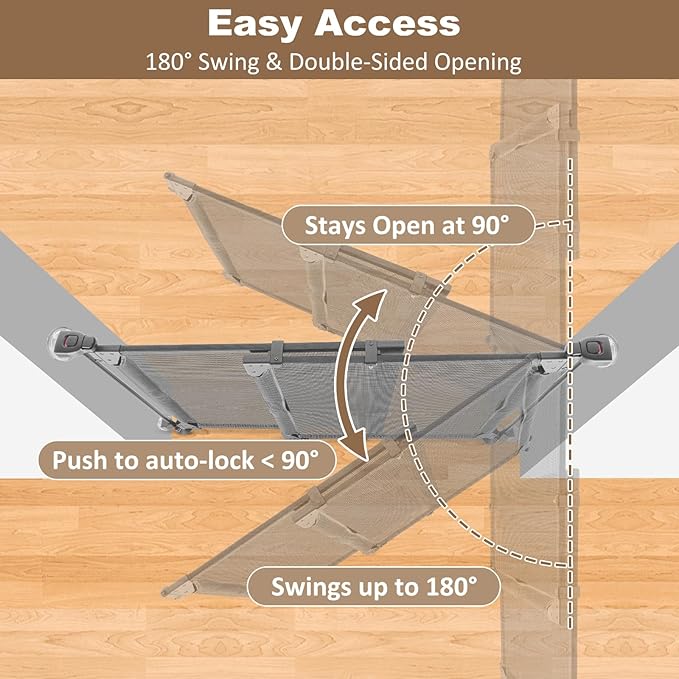 GRENFU 28" Tall No Drill Dog Gate for Stairs, Dual-Opening Sliding Pet Gate, Fits 32-55" Wide Expandable Dog Gates Indoor No Bottom Bar Baby Gate No Drill & Adjustable Width & Angle Mesh Gate, Gray