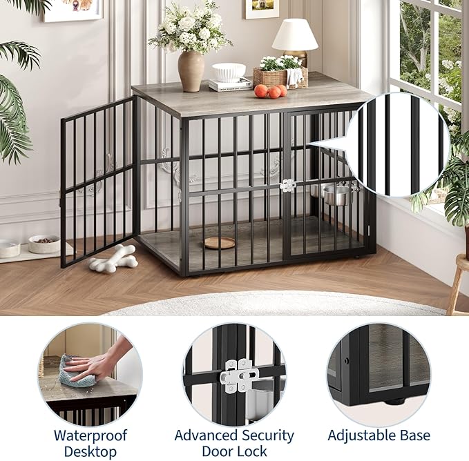 43" Large Dog Crate Furniture with Double Doors, Heavy Duty Indoor Pet Cage Pet House with Lockable Dog Kennel Furniture & Side End Table for Large/Medium Dogs Wooden Decorative