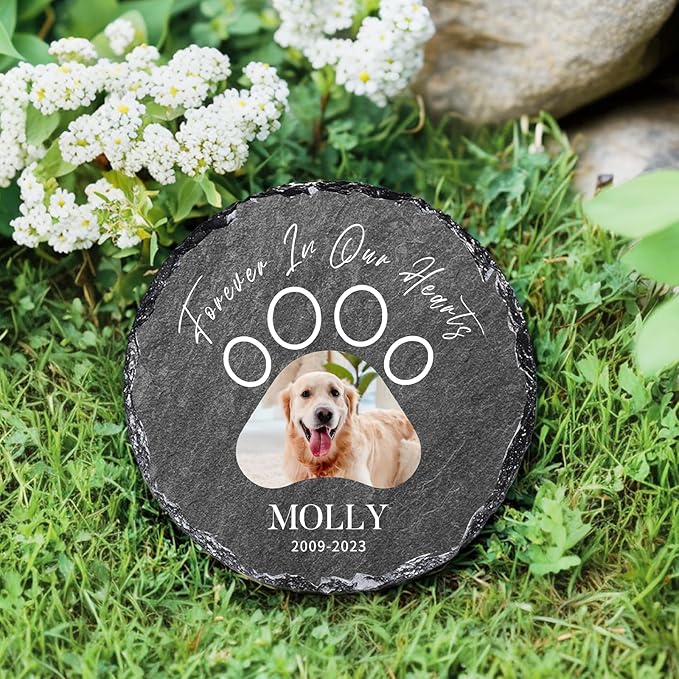 Custom Pet Memorial Stones for Dog, Personalized Memorial Plaques with Picture & Text, Round Shaped Dogs Grave Marker, B7-Round
