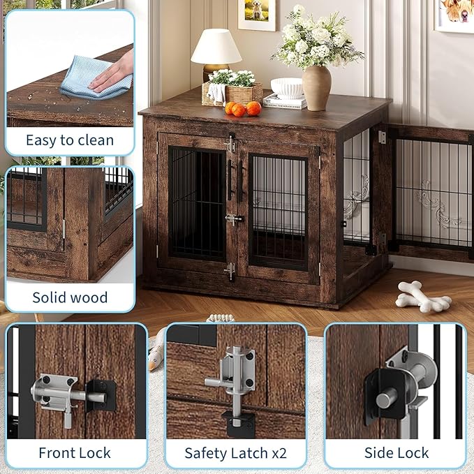 31" Inch Dog Crate Furniture, Small to Medium Pet Cage with Double Doors and Wheels, Chew-Resistant Wooden Indoor Dog House, Kennel Side End Table for Bedroom & Living Room, Rustic Brown