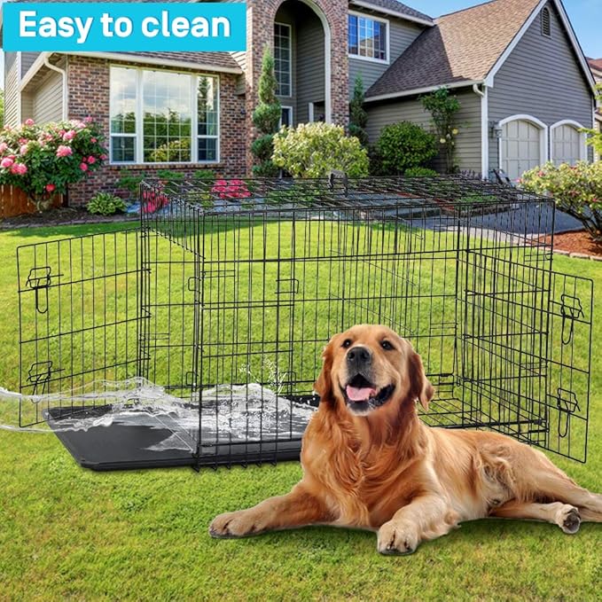 42/48 Inch Dog Crate Extra Large Double-Door Dog Kennel with Plastic Tray & Divider, Indoor Outdoor Folding XL XXL Dog Cage Pet House