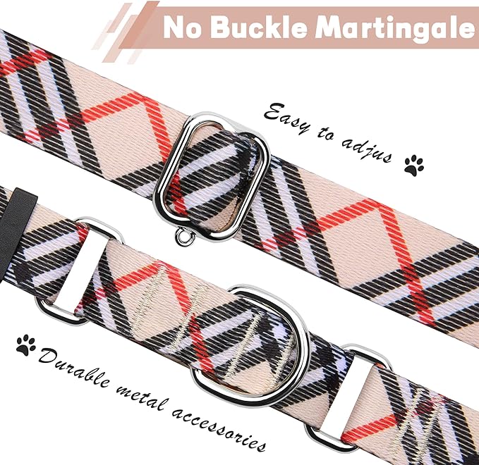 Hikiko Martingale Collar for Dogs with No Buckle Nylon Training Dog Collars for Small Dogs,Khaki Plaid,S