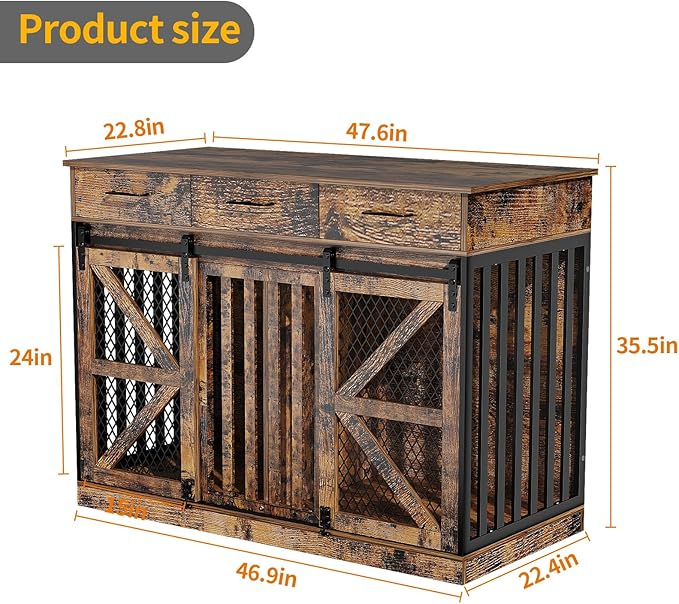48'' Dog Crate Furniture with Divider&Storage Drawers, Wooden Double Dog Kennel Furniture End Table with Sliding Barn Doors, White Double Dog Crate TV Stand