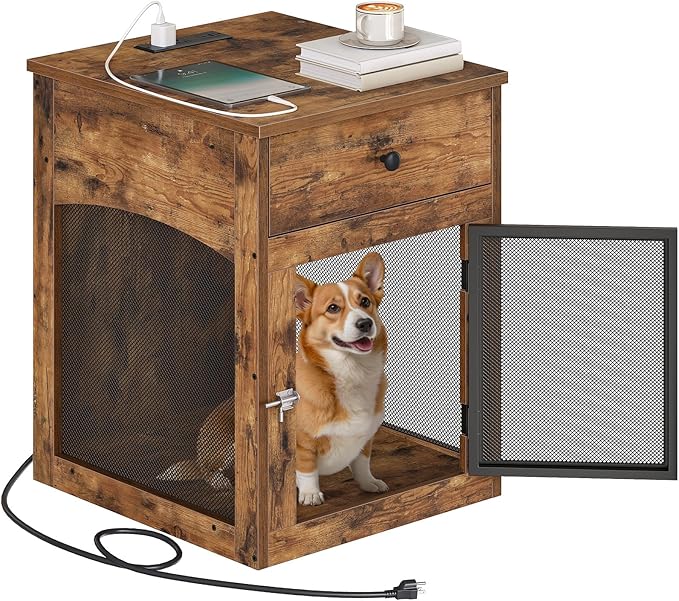 HOOBRO Dog Crate Furniture, Dog Kennel with Drawer and Charging Station, Indoor Decorative Puppy House, Wooden Pet Crate End Table for Small Dogs, Rustic Brown and Black BF58UGW03G1